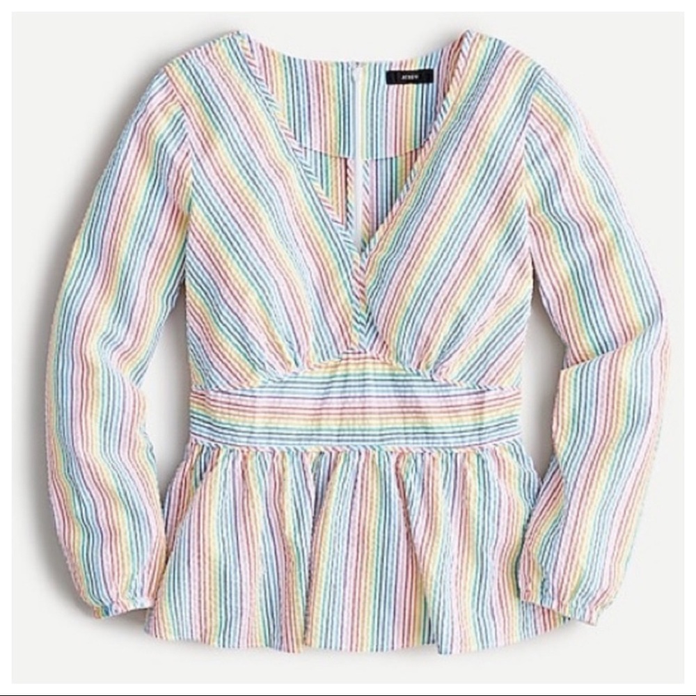 NWT! J. Crew V-neck peplum top in rainbow seersucker